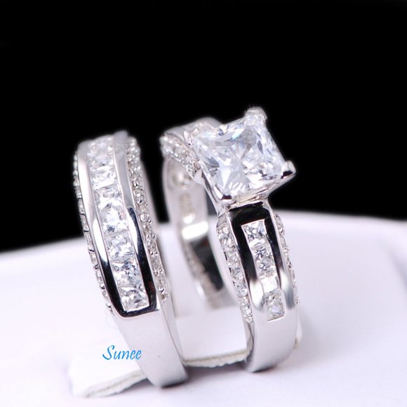 Real 925 His Hers Wedding Engagement Ring Set - Picture 2 of 7